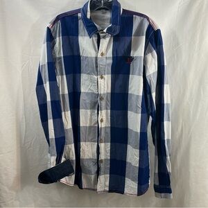 Fredd Marshall Mens Button Up Shirt Navy White Buffalo Plaid Flip Cuff Sleeve L